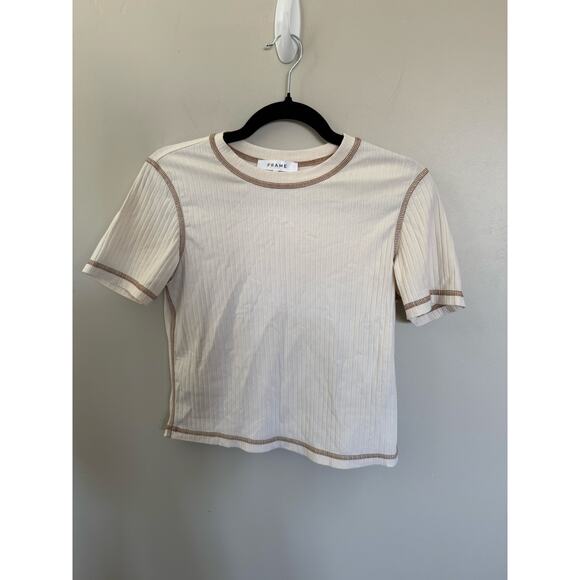 Women’s FRAME Denim Contrast Stitch Rib Top in Bone SZ S - Picture 4 of 4